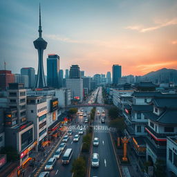 A dynamic aerial view of a bustling Korean city, capturing the vibrant blend of modern skyscrapers and traditional Korean architecture