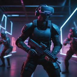 A captivating Cyber Strike VR experience, showing futuristic soldiers wielding advanced weaponry in a digital world filled with neon grids, cascading data streams, and pulsating lights.