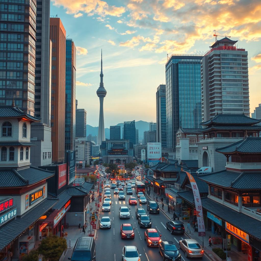 A dynamic aerial view of a bustling Korean city, capturing the vibrant blend of modern skyscrapers and traditional Korean architecture