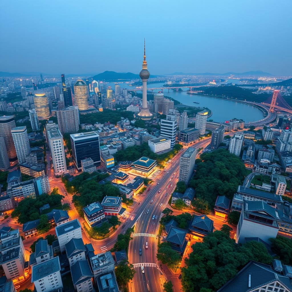 A breathtaking aerial view of Seoul city, showcasing the perfect blend of modern skyscrapers and traditional Korean palaces