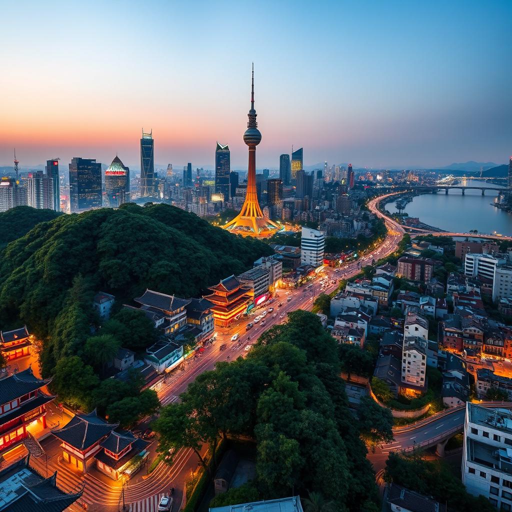 A breathtaking aerial view of Seoul city, showcasing the perfect blend of modern skyscrapers and traditional Korean palaces