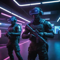 A captivating Cyber Strike VR experience, showing futuristic soldiers wielding advanced weaponry in a digital world filled with neon grids, cascading data streams, and pulsating lights.