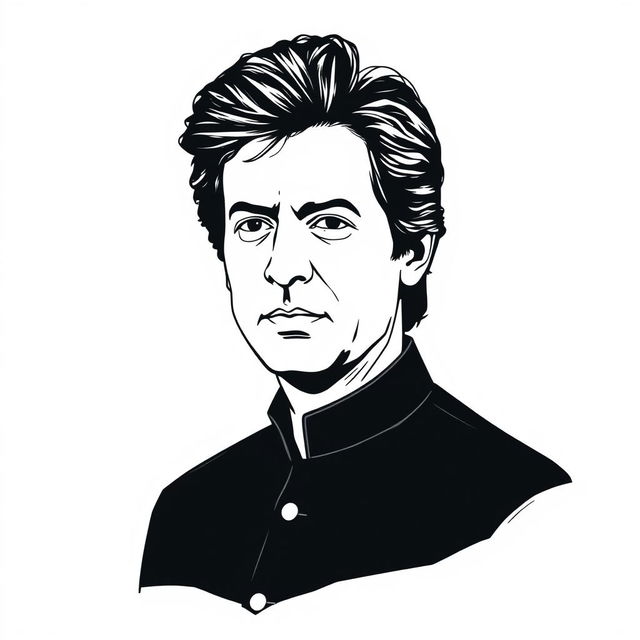 A vector black sketch of Imran Khan's head with an emphasis on bold black hair, styled in his iconic manner