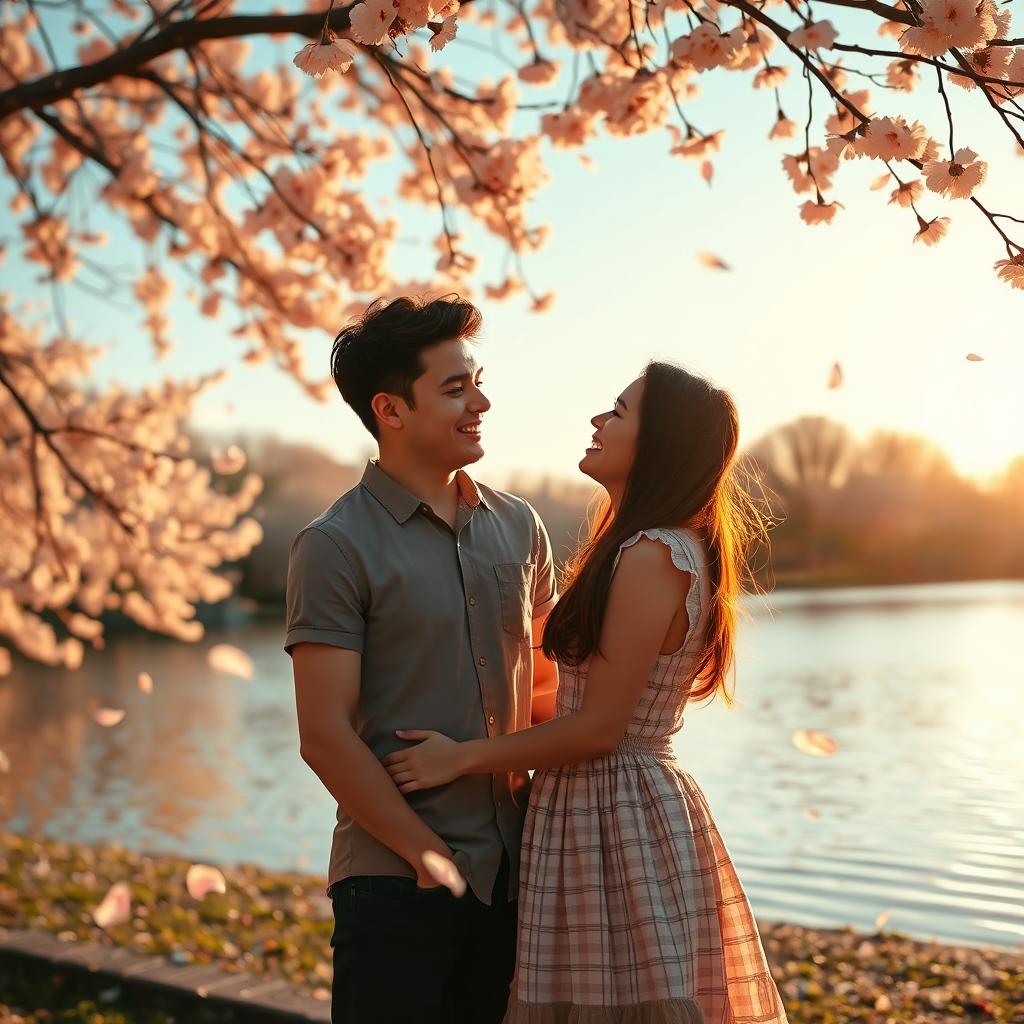 A romantic TikTok love story scene featuring a young couple at a picturesque park