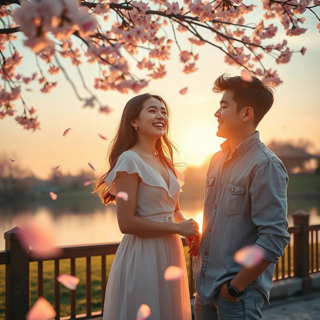 A romantic TikTok love story scene featuring a young couple at a picturesque park