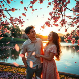 A romantic TikTok love story scene featuring a young couple at a picturesque park