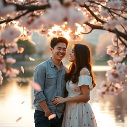 A romantic TikTok love story scene featuring a young couple at a picturesque park