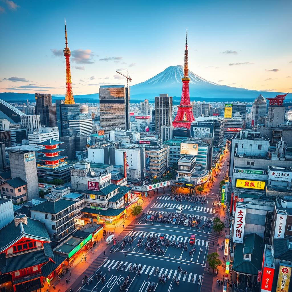 A stunning aerial view of a bustling Japanese city, showcasing the harmonious blend of futuristic skyscrapers with traditional Japanese temples