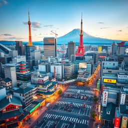 A stunning aerial view of a bustling Japanese city, showcasing the harmonious blend of futuristic skyscrapers with traditional Japanese temples