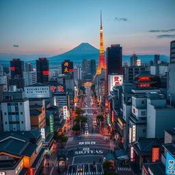 A stunning aerial view of a bustling Japanese city, showcasing the harmonious blend of futuristic skyscrapers with traditional Japanese temples