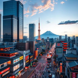 A stunning aerial view of a bustling Japanese city, showcasing the harmonious blend of futuristic skyscrapers with traditional Japanese temples