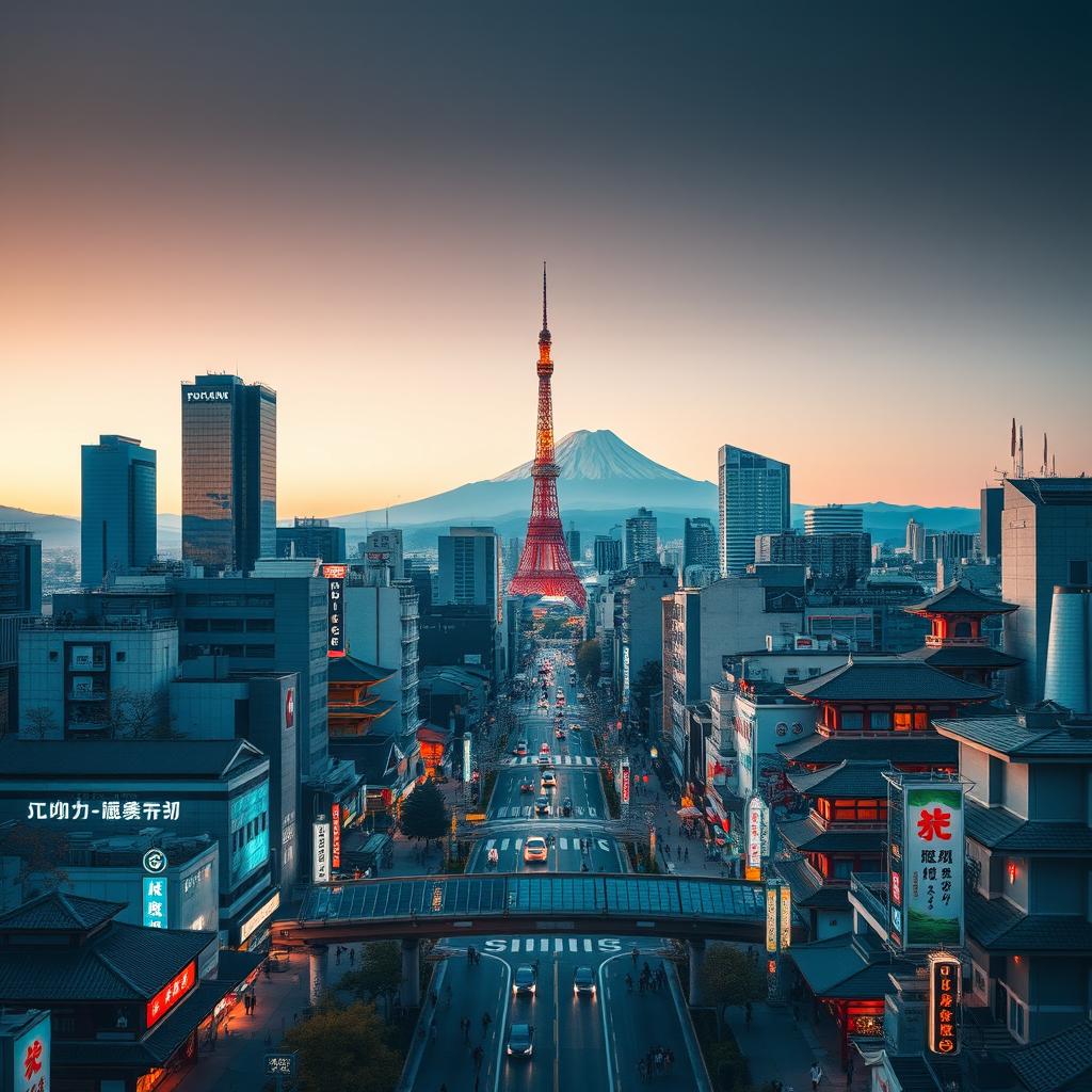 A stunning aerial view of a bustling Japanese city, showcasing the harmonious blend of futuristic skyscrapers with traditional Japanese temples