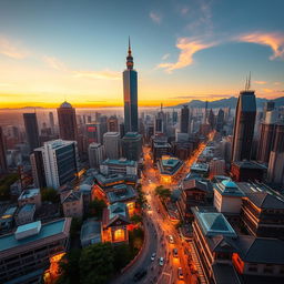 A captivating aerial view of a vibrant Taiwanese city, showcasing the striking blend of contemporary skyscrapers and traditional Taiwanese architecture