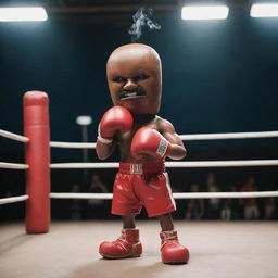 An anthropomorphic vape pen wearing boxing gloves with a confident stance in a boxing ring.