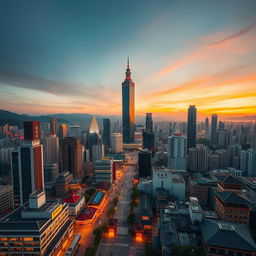 A captivating aerial view of a vibrant Taiwanese city, showcasing the striking blend of contemporary skyscrapers and traditional Taiwanese architecture