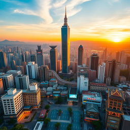 A captivating aerial view of a vibrant Taiwanese city, showcasing the striking blend of contemporary skyscrapers and traditional Taiwanese architecture