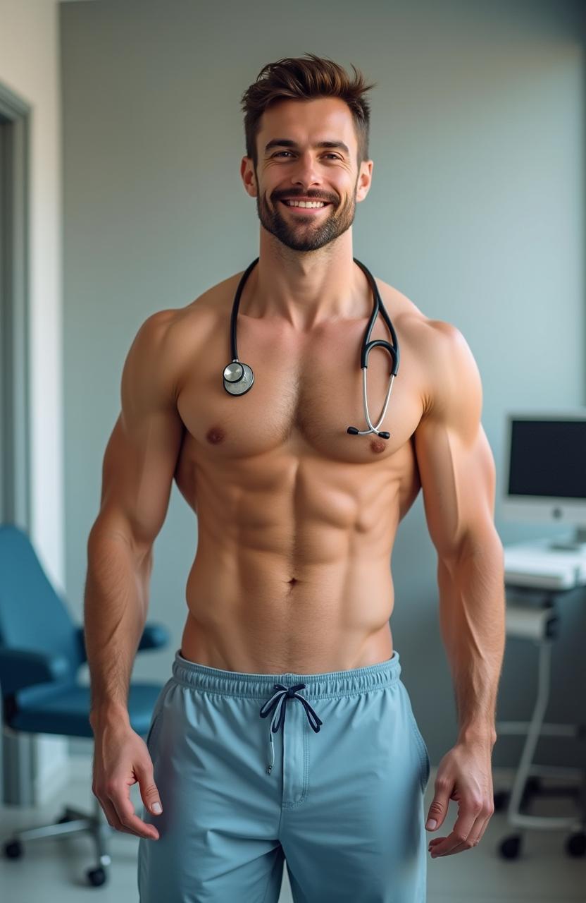 A fit and attractive male doctor with a toned, muscular physique, standing confidently in a modern medical office setting