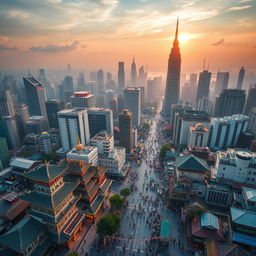 A mesmerizing aerial view of a bustling East Asian city, characterized by a stunning fusion of ultramodern skyscrapers and traditional architecture