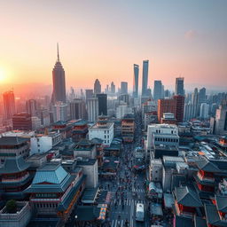 A mesmerizing aerial view of a bustling East Asian city, characterized by a stunning fusion of ultramodern skyscrapers and traditional architecture