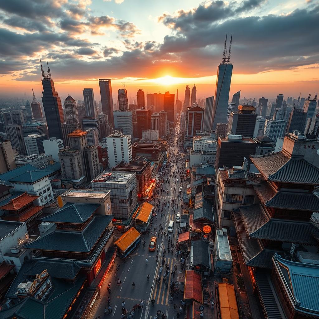 A mesmerizing aerial view of a bustling East Asian city, characterized by a stunning fusion of ultramodern skyscrapers and traditional architecture