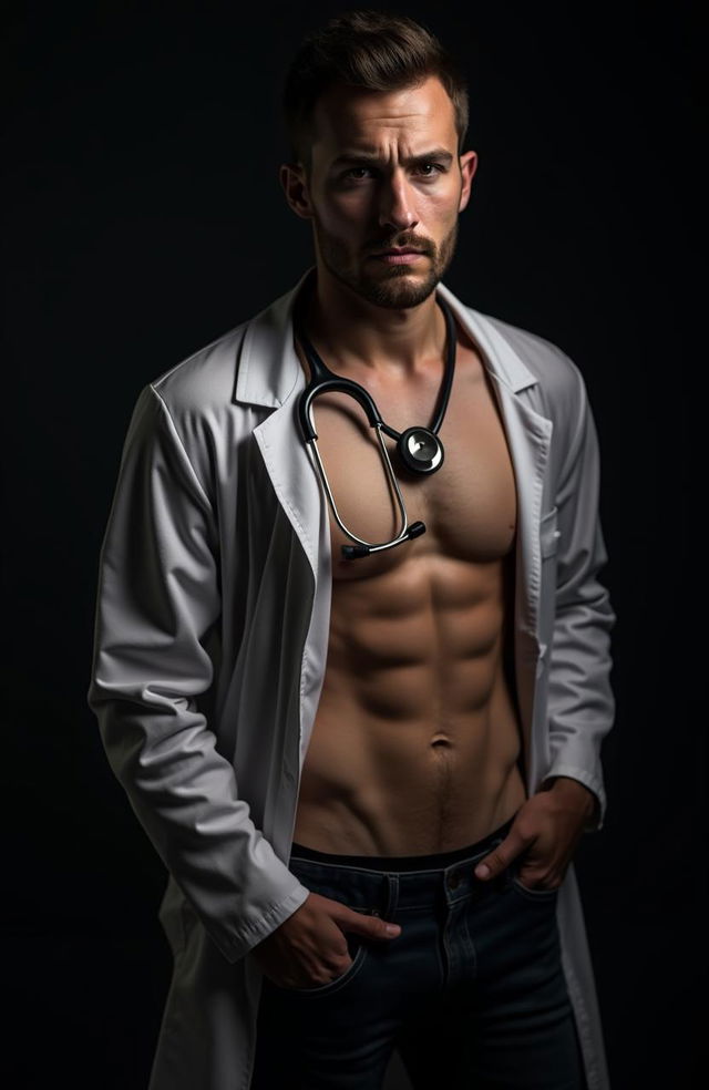 A fit male doctor with a bare chest standing against a dark background