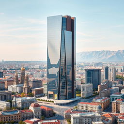 A breathtaking architectural visualization of a cityscape featuring the tallest shopping mall in the Balkans, uniquely situated at the intersection of Kosovo, Macedonia, and Albania