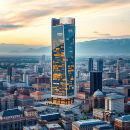 A breathtaking architectural visualization of a cityscape featuring the tallest shopping mall in the Balkans, uniquely situated at the intersection of Kosovo, Macedonia, and Albania