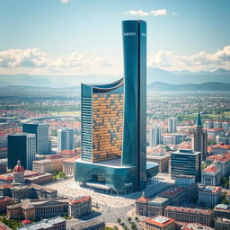 A breathtaking architectural visualization of a cityscape featuring the tallest shopping mall in the Balkans, uniquely situated at the intersection of Kosovo, Macedonia, and Albania