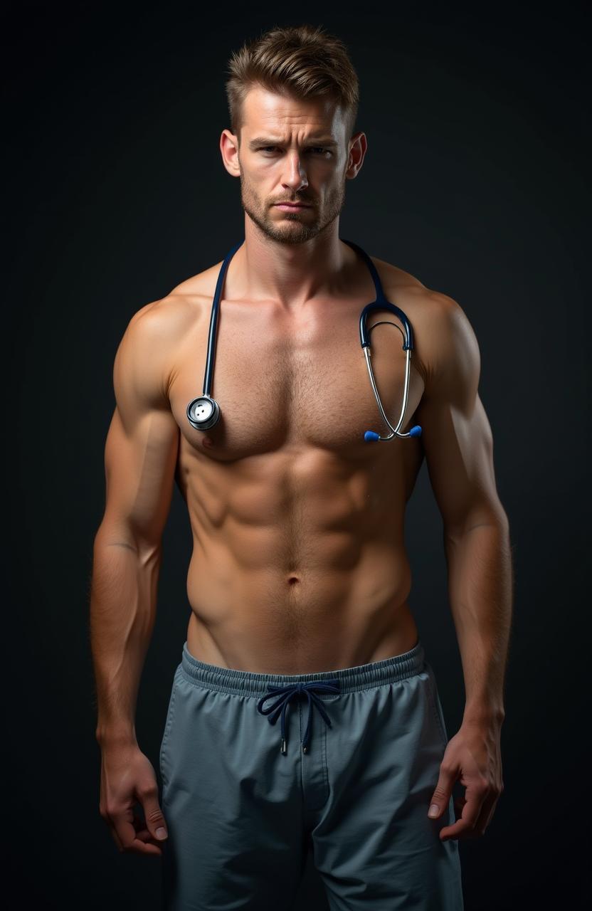 A fit male doctor with a bare chest standing against a dark background