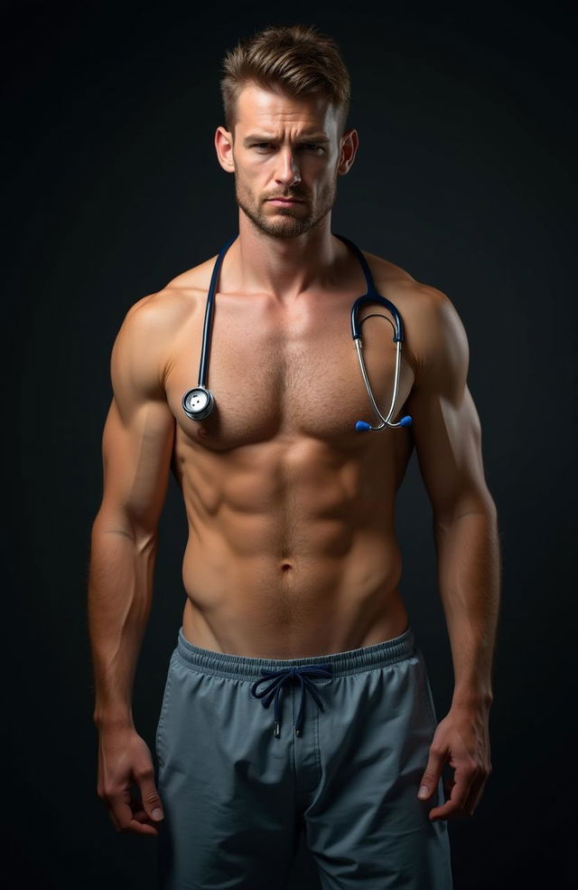 A fit male doctor with a bare chest standing against a dark background