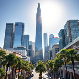 An awe-inspiring architectural depiction of a bustling Californian city, featuring its tallest skyscraper standing as a symbol of innovation and design excellence