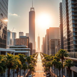 An awe-inspiring architectural depiction of a bustling Californian city, featuring its tallest skyscraper standing as a symbol of innovation and design excellence