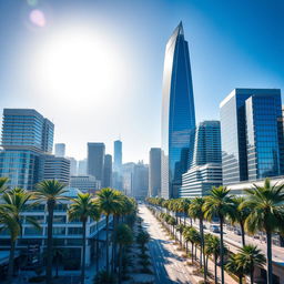 An awe-inspiring architectural depiction of a bustling Californian city, featuring its tallest skyscraper standing as a symbol of innovation and design excellence