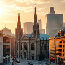 An enchanting depiction of an Ohio cityscape, prominently featuring a grand basilica with its intricate architecture and towering spires