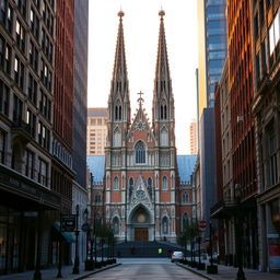 An enchanting depiction of an Ohio cityscape, prominently featuring a grand basilica with its intricate architecture and towering spires