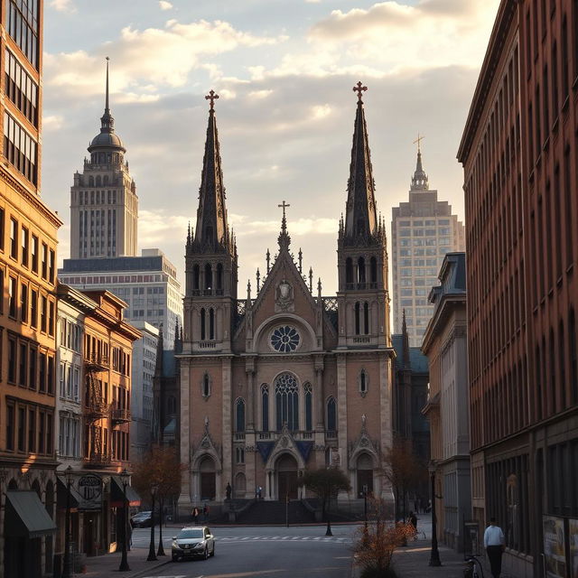 An enchanting depiction of an Ohio cityscape, prominently featuring a grand basilica with its intricate architecture and towering spires