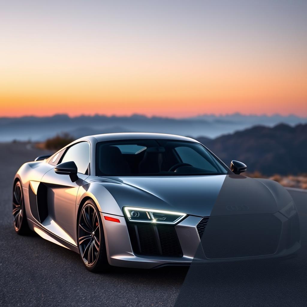 A sleek and powerful Audi R8 parked on a winding mountain road during sunset