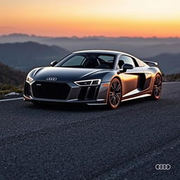 A sleek and powerful Audi R8 parked on a winding mountain road during sunset