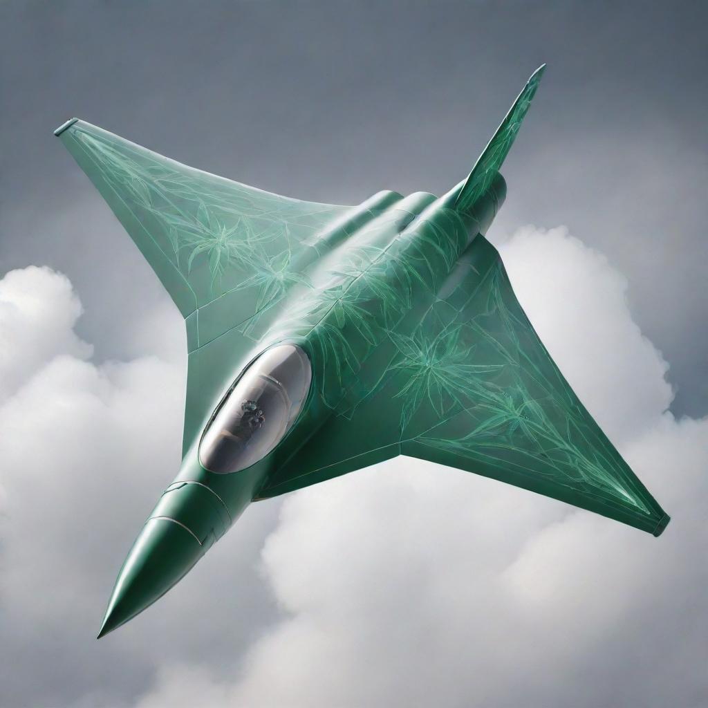 A futuristic fighter jet redesigned as an intricate cannabis vape, with cannabis leaf motifs accenting its sleek, aerodynamic design. It hovers in mid-flight, with trail of vapor behind.