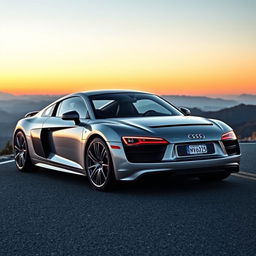 A sleek and powerful Audi R8 parked on a winding mountain road during sunset