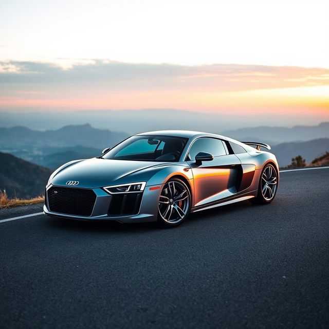 A sleek and powerful Audi R8 parked on a winding mountain road during sunset