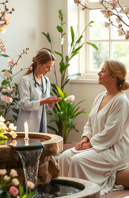 A serene and calming setting that embodies the concept of holistic healing in women's health, particularly focusing on gynecology