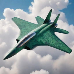 A futuristic fighter jet redesigned as an intricate cannabis vape, with cannabis leaf motifs accenting its sleek, aerodynamic design. It hovers in mid-flight, with trail of vapor behind.