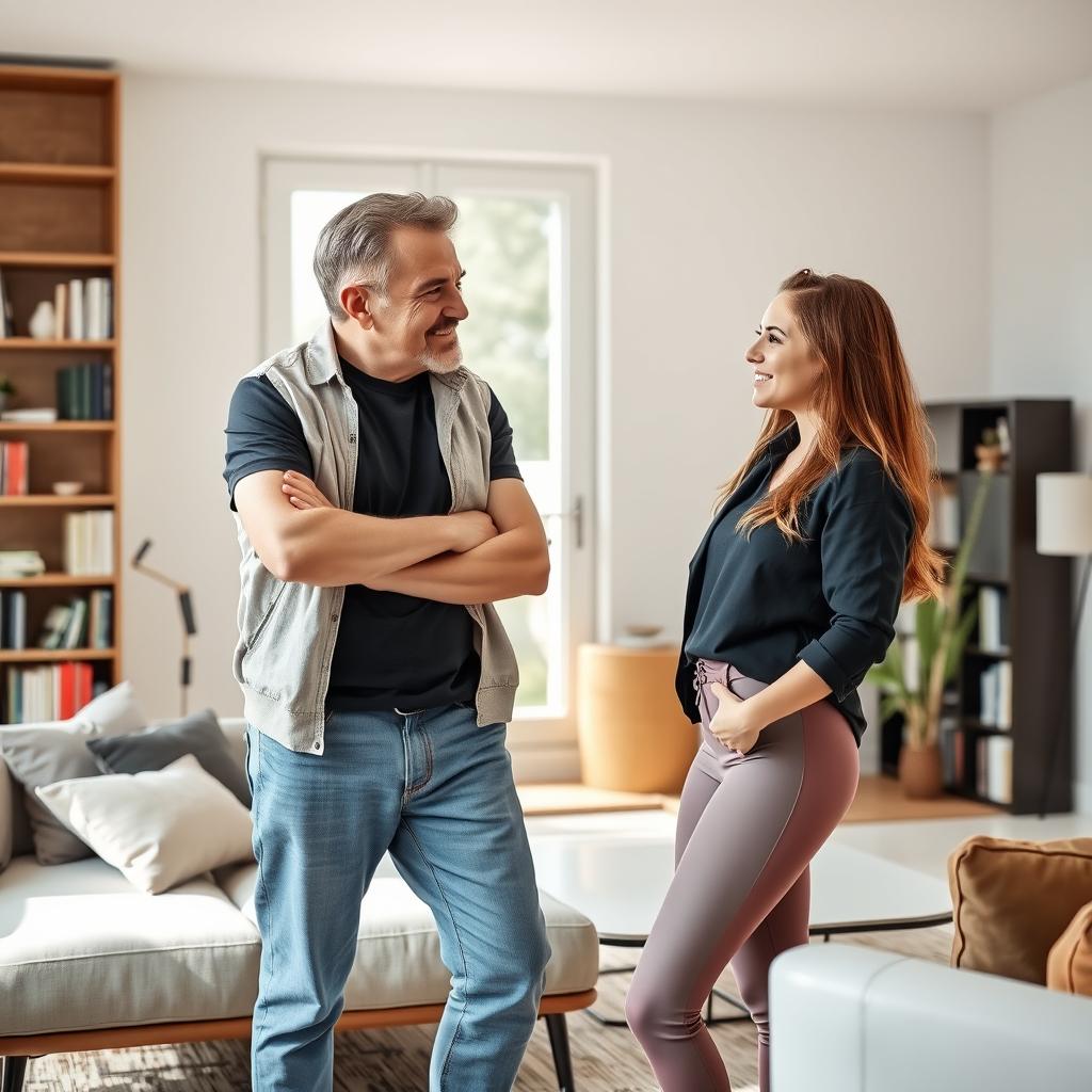 A confident and mature man in his forties, wearing casual contemporary clothing, is standing next to a young woman in stylish, modern fashion that includes colorful panties