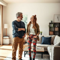 A confident and mature man in his forties, wearing casual contemporary clothing, is standing next to a young woman in stylish, modern fashion that includes colorful panties