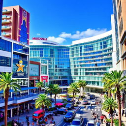 A vibrant representation of a Californian city, showcasing a modern and expansive shopping mall as its central feature