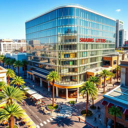 A vibrant representation of a Californian city, showcasing a modern and expansive shopping mall as its central feature