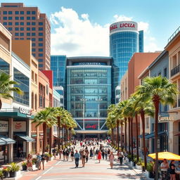 A vibrant representation of a Californian city, showcasing a modern and expansive shopping mall as its central feature