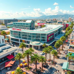 A vibrant representation of a Californian city, showcasing a modern and expansive shopping mall as its central feature