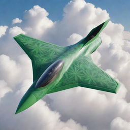 A futuristic fighter jet redesigned as an intricate cannabis vape, with cannabis leaf motifs accenting its sleek, aerodynamic design. It hovers in mid-flight, with trail of vapor behind.